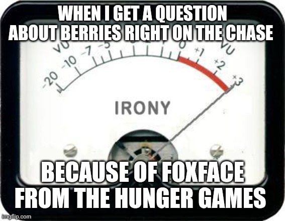 True story | WHEN I GET A QUESTION ABOUT BERRIES RIGHT ON THE CHASE; BECAUSE OF FOXFACE FROM THE HUNGER GAMES | image tagged in irony meter,hunger games,quiz | made w/ Imgflip meme maker
