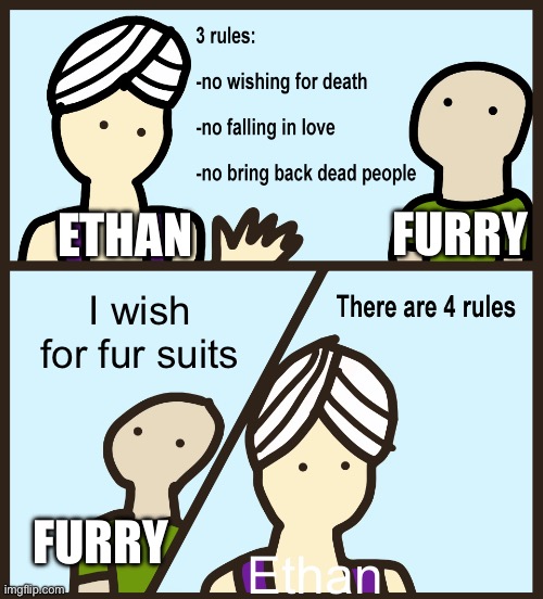 Wishing for fur suit but genie refuses to give the furry the fur suit | FURRY; ETHAN; I wish for fur suits; FURRY; Ethan | image tagged in genie rules meme | made w/ Imgflip meme maker