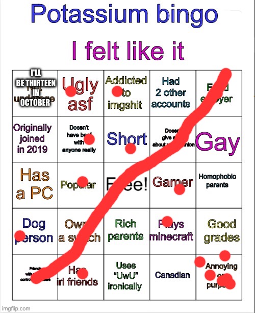 They told me to do this one | I'LL BE THIRTEEN IN OCTOBER | image tagged in potassium bingo v3 | made w/ Imgflip meme maker