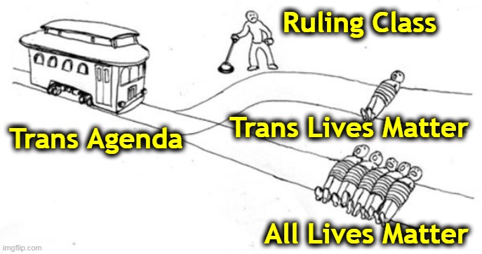 Trans-Globalist Agenda | Ruling Class; Trans Lives Matter; Trans Agenda; All Lives Matter | image tagged in trolley problem,trans agenda,tyranny,globalism,propaganda | made w/ Imgflip meme maker