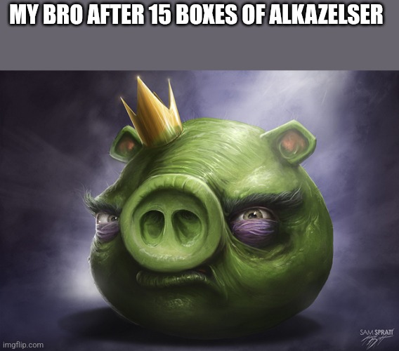 Angry Birds Realistic King Pig | MY BRO AFTER 15 BOXES OF ALKAZELSER | image tagged in angry birds realistic king pig | made w/ Imgflip meme maker