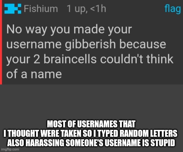 MOST OF USERNAMES THAT I THOUGHT WERE TAKEN SO I TYPED RANDOM LETTERS 

ALSO HARASSING SOMEONE'S USERNAME IS STUPID | made w/ Imgflip meme maker