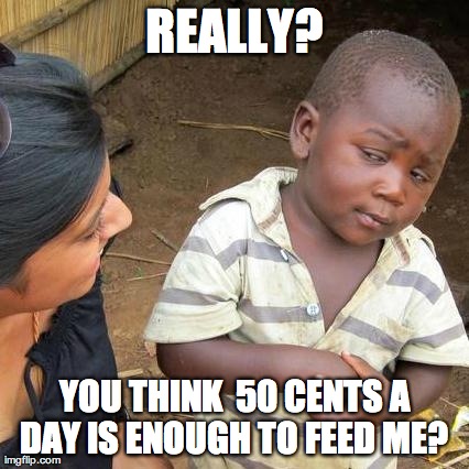 Third World Skeptical Kid Meme | REALLY? YOU THINK  50 CENTS A DAY IS ENOUGH TO FEED ME? | image tagged in memes,third world skeptical kid | made w/ Imgflip meme maker
