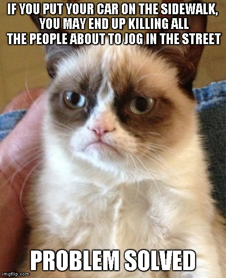 Grumpy Cat Meme | IF YOU PUT YOUR CAR ON THE SIDEWALK, YOU MAY END UP KILLING ALL THE PEOPLE ABOUT TO JOG IN THE STREET PROBLEM SOLVED | image tagged in memes,grumpy cat | made w/ Imgflip meme maker