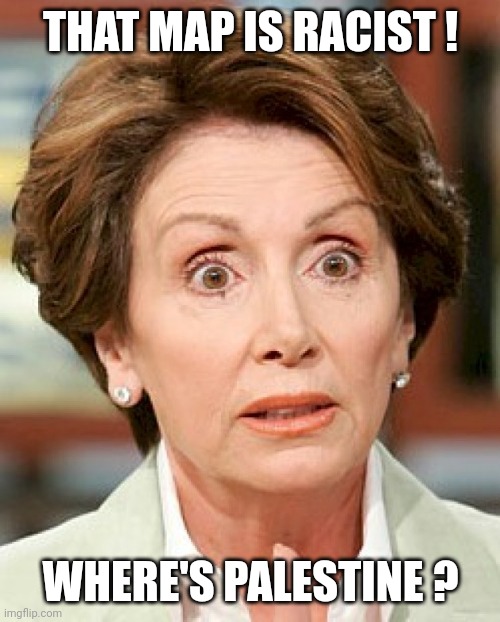 shocked nancy pelosi | THAT MAP IS RACIST ! WHERE'S PALESTINE ? | image tagged in shocked nancy pelosi | made w/ Imgflip meme maker