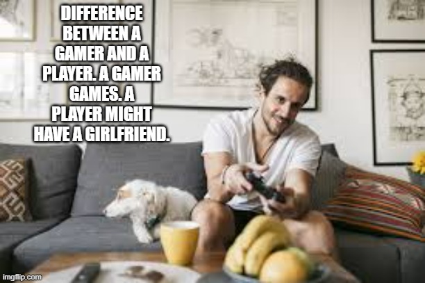 memes by Brad - Difference between a gamer and a player - humor | DIFFERENCE BETWEEN A GAMER AND A PLAYER. A GAMER GAMES. A PLAYER MIGHT HAVE A GIRLFRIEND. | image tagged in funny,gaming,gamer,player,computer games,video games | made w/ Imgflip meme maker