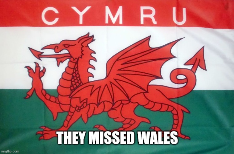 wales flag | THEY MISSED WALES | image tagged in wales flag | made w/ Imgflip meme maker