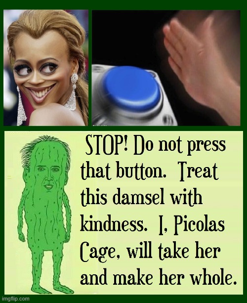 "Sometimes, a lowly pickle can be a hero."  —Picolas Cage | image tagged in vince vance,pickle,nicholas cage,freaky,woman,cartoons | made w/ Imgflip meme maker