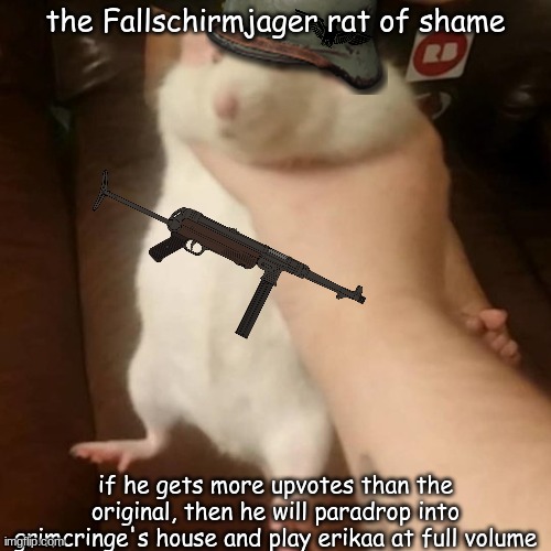 Grabbing a fat rat | the Fallschirmjager rat of shame if he gets more upvotes than the original, then he will paradrop into grimcringe's house and play erikaa at | image tagged in grabbing a fat rat | made w/ Imgflip meme maker