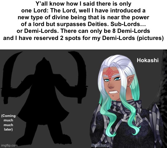 Only 1 Demi-Lord Per person | Y’all know how I said there is only one Lord: The Lord, well I have introduced a new type of divine being that is near the power of a lord but surpasses Deities. Sub-Lords… or Demi-Lords. There can only be 8 Demi-Lords and I have reserved 2 spots for my Demi-Lords (pictures); Hokashi; (Coming much much later) | made w/ Imgflip meme maker