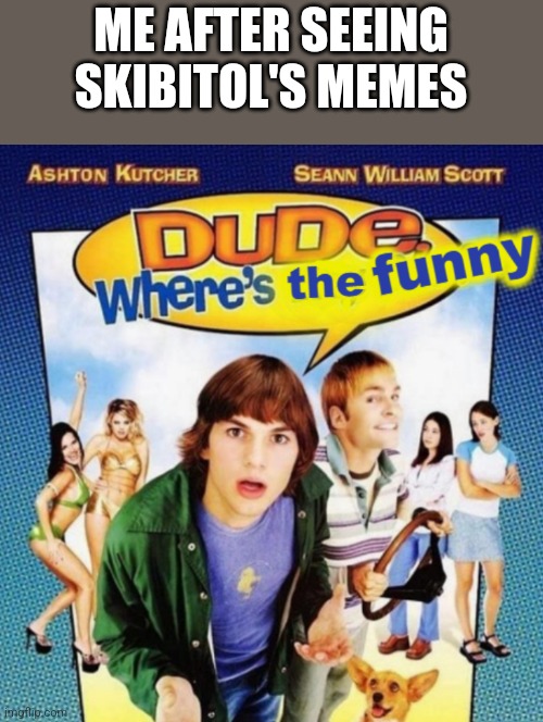 dude where's the funny | ME AFTER SEEING SKIBITOL'S MEMES | image tagged in dude where's the funny | made w/ Imgflip meme maker