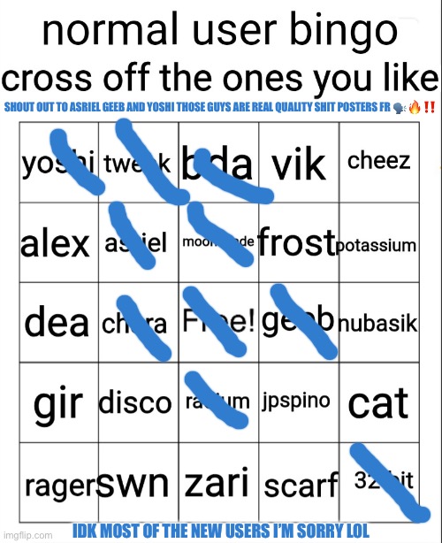 normal user bingo | SHOUT OUT TO ASRIEL GEEB AND YOSHI THOSE GUYS ARE REAL QUALITY SHIT POSTERS FR 🗣️🔥‼️; IDK MOST OF THE NEW USERS I’M SORRY LOL | image tagged in normal user bingo | made w/ Imgflip meme maker