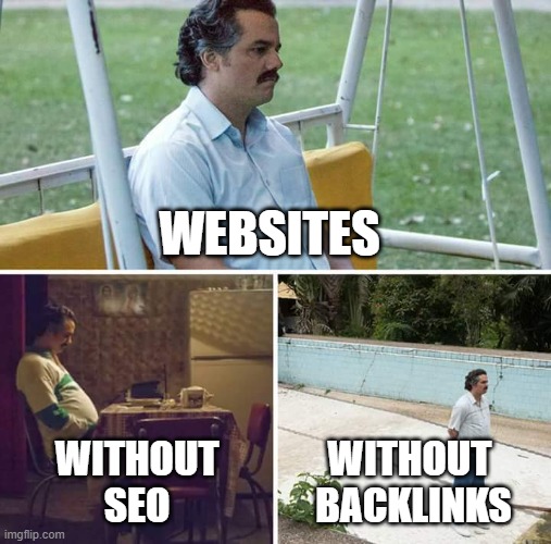 Sad Pablo Escobar | WEBSITES; WITHOUT
 SEO; WITHOUT 
BACKLINKS | image tagged in memes,sad pablo escobar | made w/ Imgflip meme maker