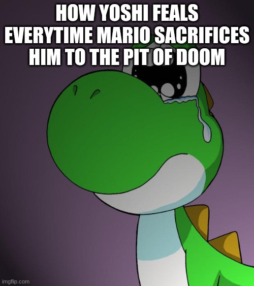 Sad Yoshi | HOW YOSHI FEALS EVERYTIME MARIO SACRIFICES HIM TO THE PIT OF DOOM | image tagged in sad yoshi | made w/ Imgflip meme maker