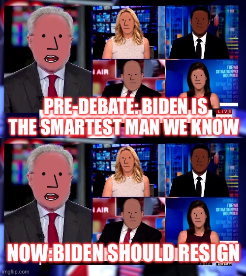 Biden | PRE-DEBATE: BIDEN IS THE SMARTEST MAN WE KNOW; NOW:BIDEN SHOULD RESIGN | image tagged in beep beep your opinion is racist,joe biden,president_joe_biden | made w/ Imgflip meme maker