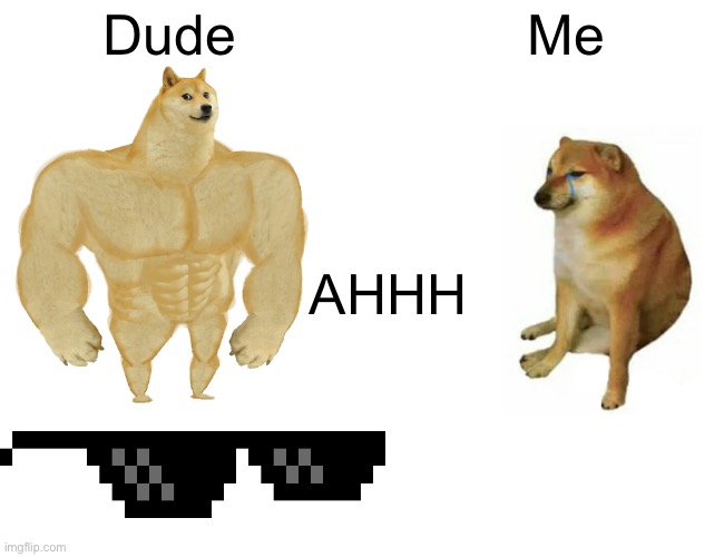 Buff Doge vs. Cheems Meme | Dude; Me; AHHH | image tagged in memes,buff doge vs cheems | made w/ Imgflip meme maker