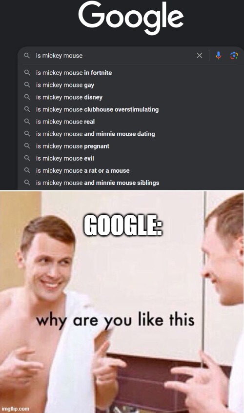 Oh google... | GOOGLE: | image tagged in why are you like this | made w/ Imgflip meme maker