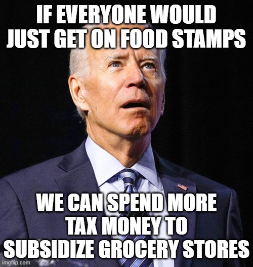 Joe Biden | IF EVERYONE WOULD JUST GET ON FOOD STAMPS WE CAN SPEND MORE TAX MONEY TO SUBSIDIZE GROCERY STORES | image tagged in joe biden | made w/ Imgflip meme maker