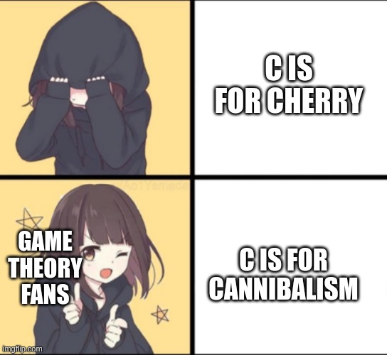 Anime Drake | C IS FOR CHERRY C IS FOR CANNIBALISM GAME THEORY FANS | image tagged in anime drake | made w/ Imgflip meme maker