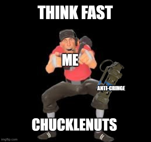 me when someone posts character shipping | THINK FAST; ME; ANTI-CRINGE; CHUCKLENUTS | image tagged in think fast chucklenuts | made w/ Imgflip meme maker