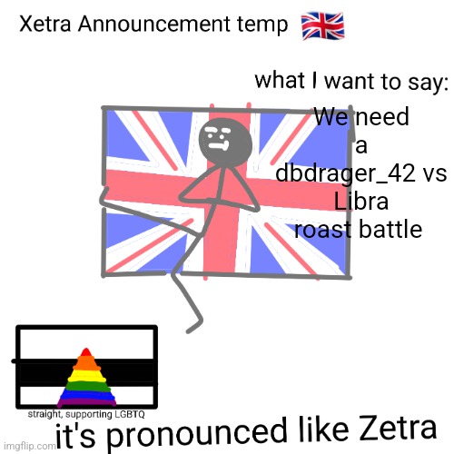 Xetra announcement temp | We need a dbdrager_42 vs Libra roast battle | image tagged in xetra announcement temp | made w/ Imgflip meme maker