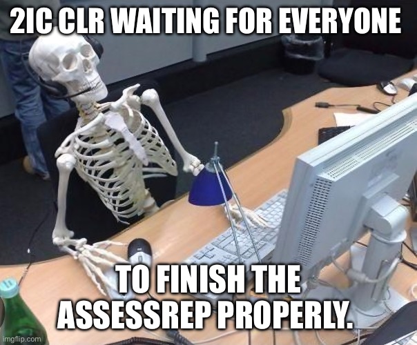 Skeleton at keyboard | 2IC CLR WAITING FOR EVERYONE; TO FINISH THE ASSESSREP PROPERLY. | image tagged in skeleton at keyboard | made w/ Imgflip meme maker