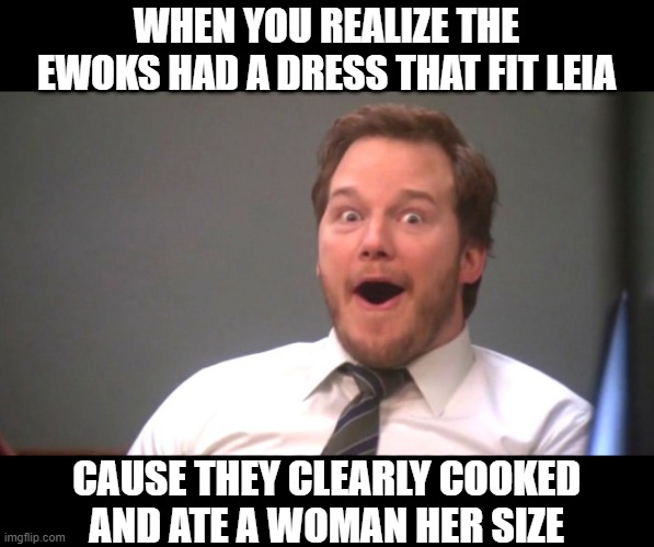 Where Did They Get That Dress? | WHEN YOU REALIZE THE EWOKS HAD A DRESS THAT FIT LEIA; CAUSE THEY CLEARLY COOKED AND ATE A WOMAN HER SIZE | image tagged in chris pratt happy | made w/ Imgflip meme maker