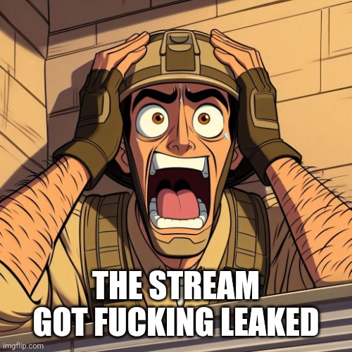 ITS POSSIBLE IT MIGHT HAVE BEEN LEAKED. | THE STREAM GOT FUCKING LEAKED | image tagged in us soldier freaking out | made w/ Imgflip meme maker