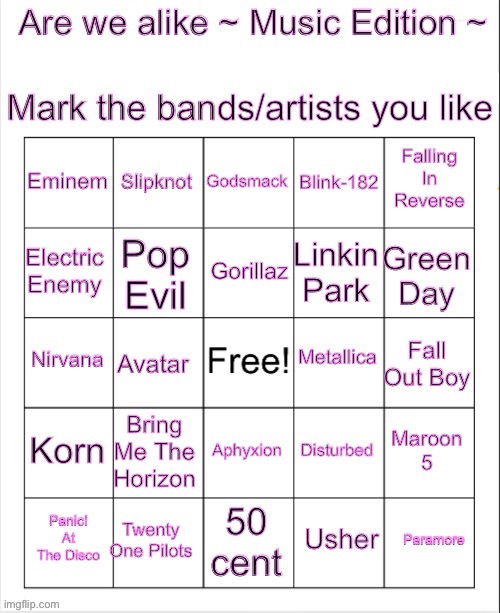 I was bored, so I made a bingo | image tagged in are we alike music edition | made w/ Imgflip meme maker