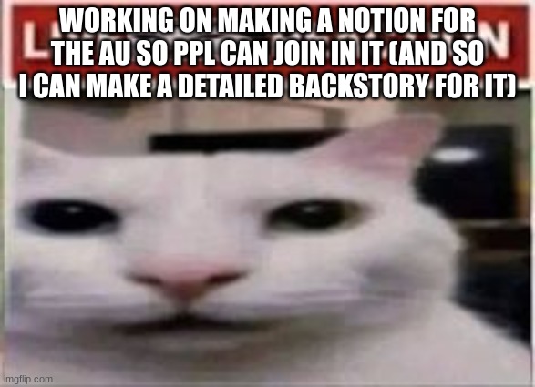 my last post https://imgflip.com/i/8wd30y | WORKING ON MAKING A NOTION FOR THE AU SO PPL CAN JOIN IN IT (AND SO I CAN MAKE A DETAILED BACKSTORY FOR IT) | image tagged in live cat reaction | made w/ Imgflip meme maker