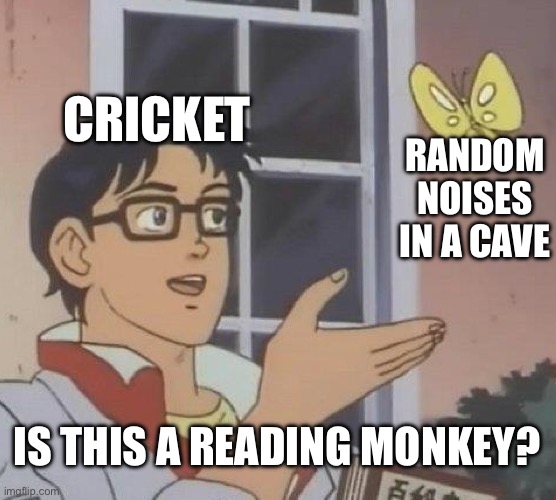 Creative title | CRICKET; RANDOM NOISES IN A CAVE; IS THIS A READING MONKEY? | image tagged in memes,is this a pigeon | made w/ Imgflip meme maker