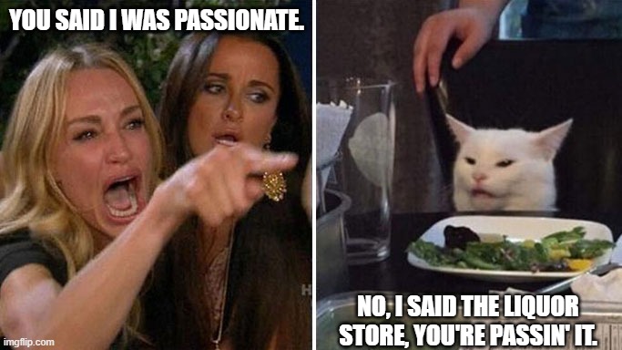 Angry Lady | YOU SAID I WAS PASSIONATE. NO, I SAID THE LIQUOR STORE, YOU'RE PASSIN' IT. | image tagged in angry lady cat | made w/ Imgflip meme maker