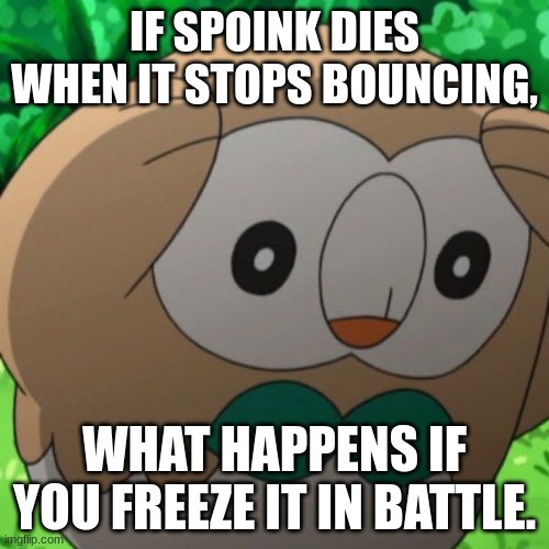 don't send your spoink out at an ice type | IF SPOINK DIES WHEN IT STOPS BOUNCING, WHAT HAPPENS IF YOU FREEZE IT IN BATTLE. | image tagged in rowlet meme template,pokemon,pokemon memes,birds,bird | made w/ Imgflip meme maker