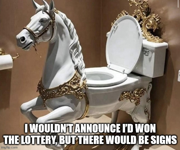 Horse toilet | I WOULDN’T ANNOUNCE I’D WON THE LOTTERY, BUT THERE WOULD BE SIGNS | image tagged in horse toilet | made w/ Imgflip meme maker