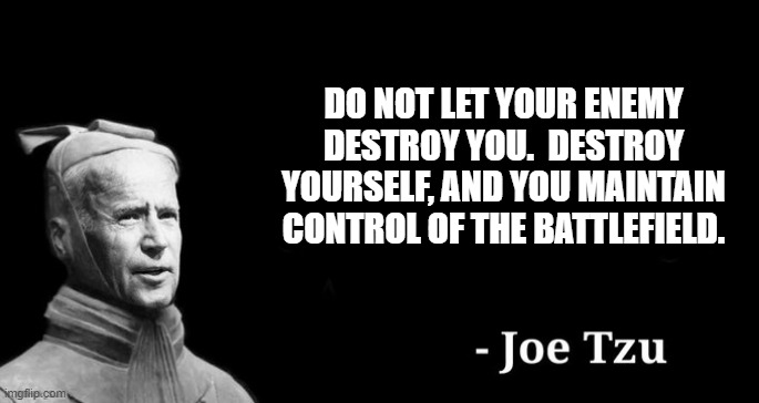 Joe tzu | DO NOT LET YOUR ENEMY DESTROY YOU.  DESTROY YOURSELF, AND YOU MAINTAIN CONTROL OF THE BATTLEFIELD. | image tagged in joe tzu | made w/ Imgflip meme maker