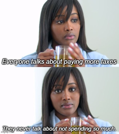 Black Woman Drinking Tea (2 Panels) | Everyone talks about paying more taxes They never talk about not spending so much. | image tagged in black woman drinking tea 2 panels | made w/ Imgflip meme maker
