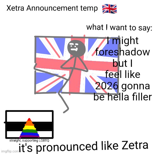 Xetra announcement temp | I might foreshadow but I feel like 2026 gonna be hella filler | image tagged in xetra announcement temp | made w/ Imgflip meme maker