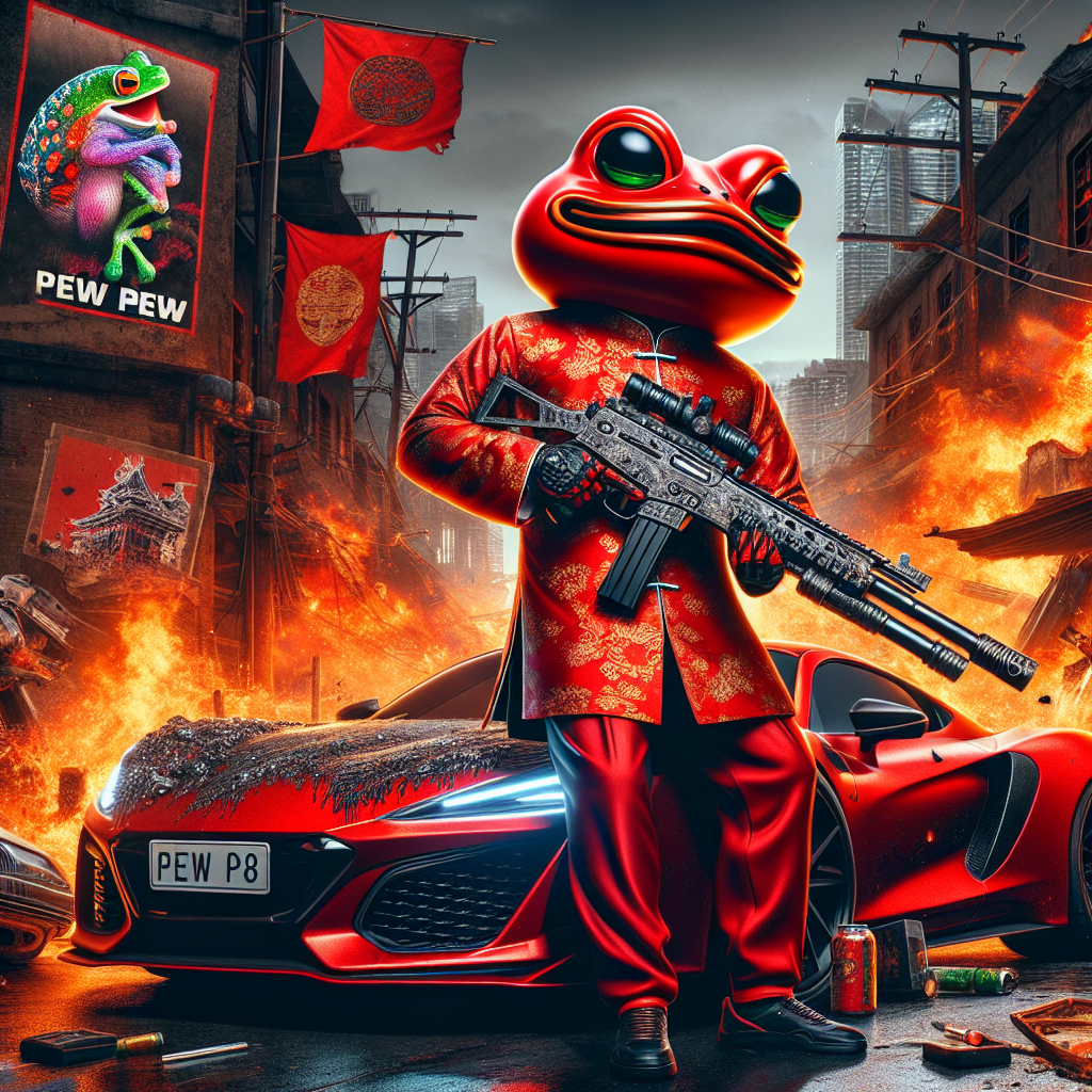 Red Pepe, red body, red head, chinese clothes, big maschine gun, Blank Meme Template