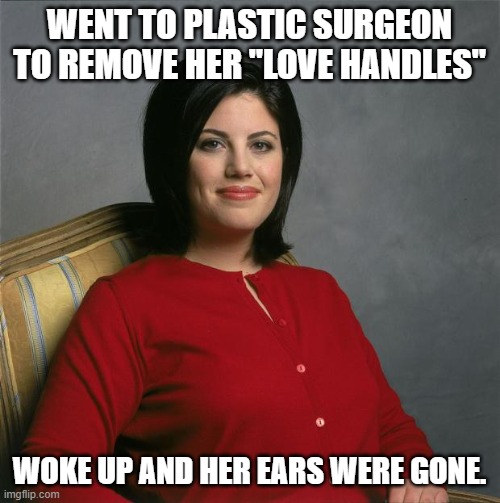 Monica Lewinsky  | WENT TO PLASTIC SURGEON TO REMOVE HER "LOVE HANDLES" WOKE UP AND HER EARS WERE GONE. | image tagged in monica lewinsky | made w/ Imgflip meme maker