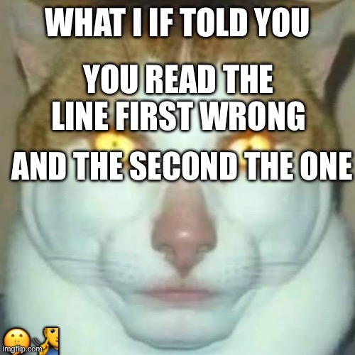 Sigma Cat | WHAT I IF TOLD YOU; YOU READ THE LINE FIRST WRONG; AND THE SECOND THE ONE; 🤫🧏‍♂️ | image tagged in sigma cat | made w/ Imgflip meme maker