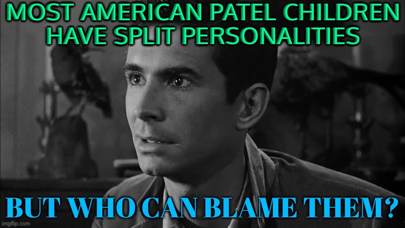 Most American Patel Children Have Split Personalities,But Who Can Blame Them? | MOST AMERICAN PATEL CHILDREN
HAVE SPLIT PERSONALITIES; BUT WHO CAN BLAME THEM? | image tagged in norman bates,psycho,psychology,science,scumbag america,immigration | made w/ Imgflip meme maker