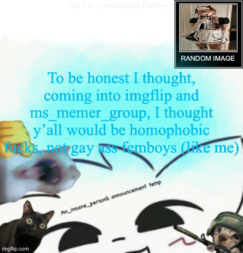 My lil announcement | To be honest I thought, coming into imgflip and ms_memer_group, I thought y’all would be homophobic fucks, not gay ass femboys (like me) | image tagged in my lil announcement | made w/ Imgflip meme maker