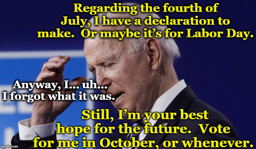 Biden's Limitations | Regarding the fourth of July, I have a declaration to make.  Or maybe it’s for Labor Day. Still, I’m your best hope for the future.  Vote for me in October, or whenever. Anyway, I… uh… I forgot what it was. | image tagged in smilin biden,presidential race,biden,democrats,left wing,seniors | made w/ Imgflip meme maker