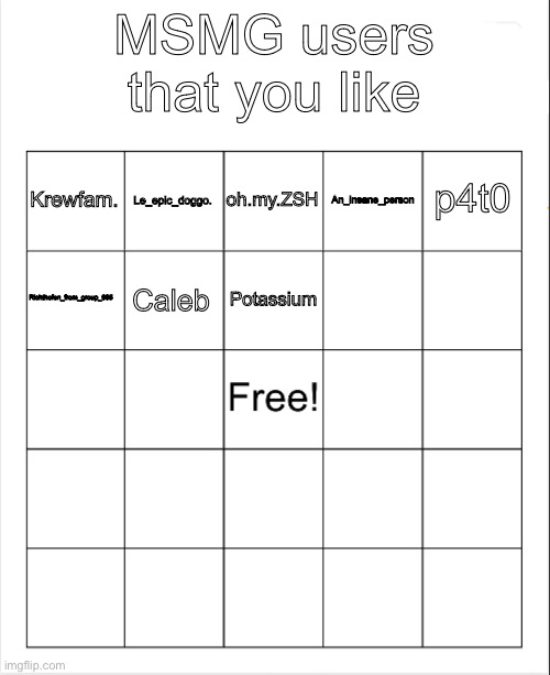 anyone else. | MSMG users that you like; oh.my.ZSH; Le_epic_doggo. p4t0; Krewfam. An_insane_person; Potassium; Richthofen_from_group_935; Caleb | image tagged in blank bingo | made w/ Imgflip meme maker