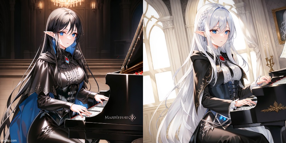 I couldn't decide on the black hair or the white hair, so i just did both, also Veronica playing the piano. :) | image tagged in ai generated,unstable diffusion | made w/ Imgflip meme maker