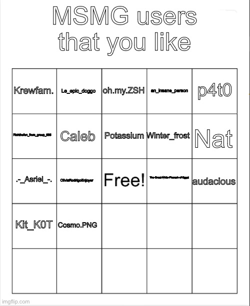 8 more. Last chance. | MSMG users that you like; oh.my.ZSH; Le_epic_doggo; p4t0; Krewfam. an_insane_person; Potassium; Richthofen_from_group_935; Nat; Winter_frost; Caleb; The-Great-White-Pharaoh-of-Egypt; .-_Asriel_-. audacious; OliviaRodrigoEnjoyer; Kit_K0T; Cosmo.PNG | image tagged in blank bingo | made w/ Imgflip meme maker