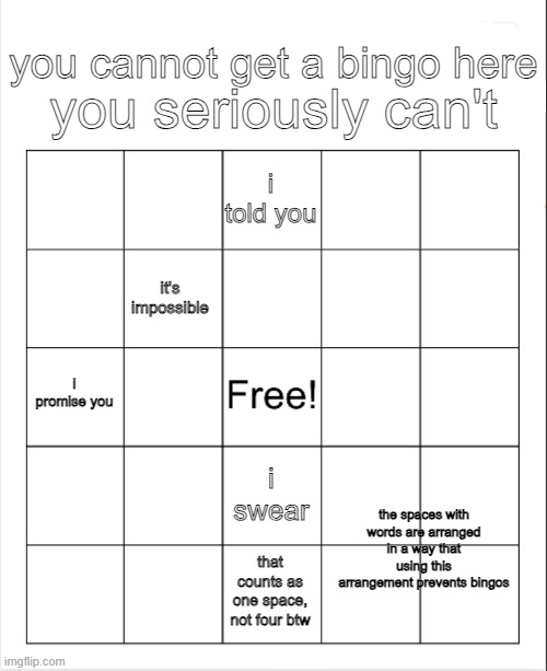 Blank Bingo | you seriously can't; you cannot get a bingo here; i told you; it's impossible; i promise you; i swear; the spaces with words are arranged in a way that using this arrangement prevents bingos; that counts as one space, not four btw | image tagged in blank bingo | made w/ Imgflip meme maker