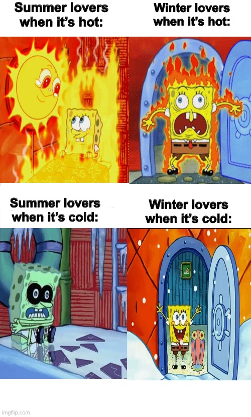 People love different seasons for different reasons | Summer lovers when it’s hot:; Winter lovers when it’s hot:; Summer lovers when it’s cold:; Winter lovers when it’s cold: | image tagged in winter,summer,hot,cold,seasons,weather | made w/ Imgflip meme maker