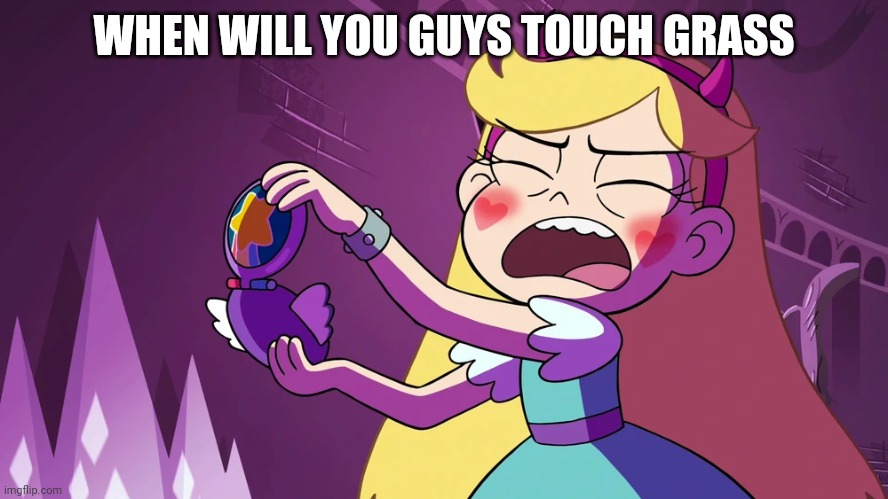 Star Butterfly F**king Embarrased | WHEN WILL YOU GUYS TOUCH GRASS | image tagged in star butterfly f king embarrased | made w/ Imgflip meme maker