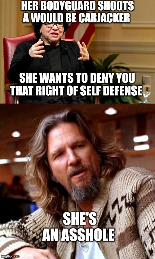 Safety for me not for you | HER BODYGUARD SHOOTS A WOULD BE CARJACKER; SHE WANTS TO DENY YOU THAT RIGHT OF SELF DEFENSE; SHE'S AN ASSHOLE | image tagged in sotomayor,memes,confused lebowski | made w/ Imgflip meme maker